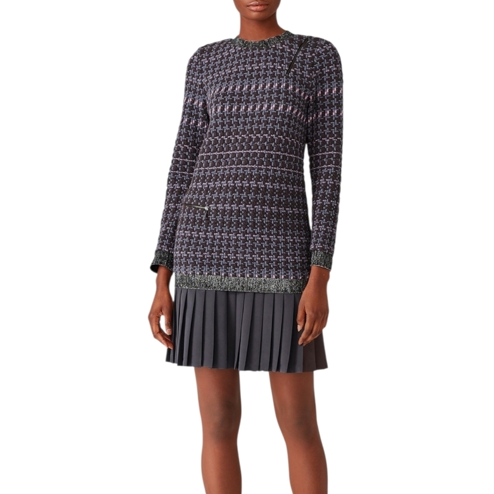 Nicole Miller Artelier Gray Houndstooth Pleat Mini Sweater Dress L